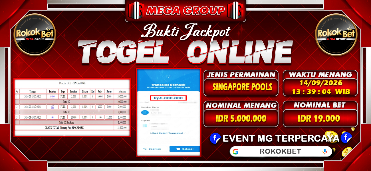 Bukti JP situs Rokokbet hari Senin, 14 September 2026