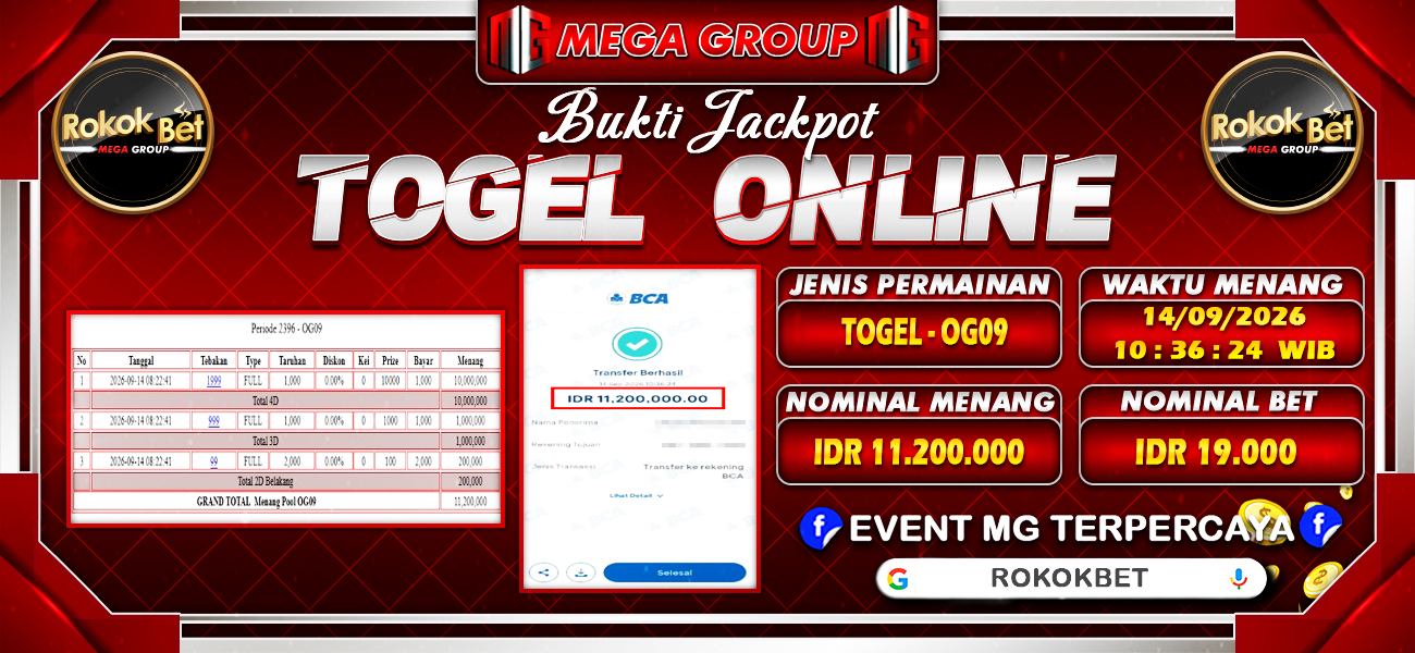 Bukti JP situs Rokokbet hari Senin, 14 September 2026
