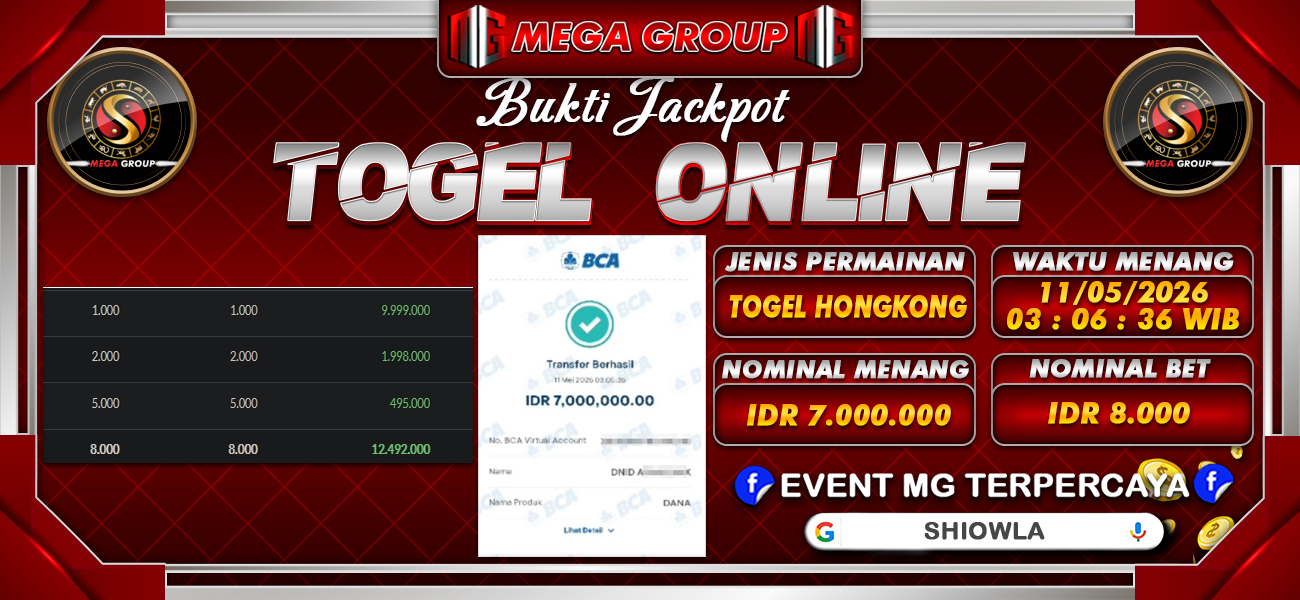 Bukti JP situs Shiowla hari Senin, 11 Mei 2026