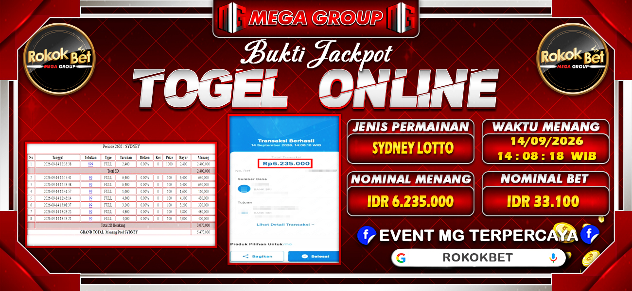 Bukti JP situs Rokokbet hari Senin, 14 September 2026